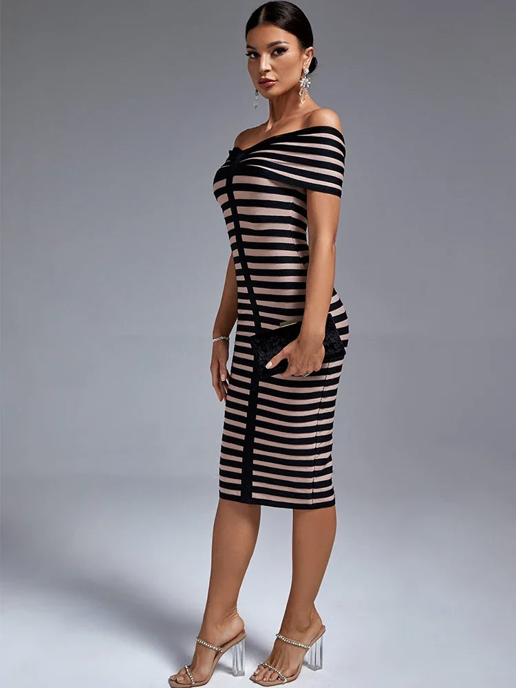 Midi Bandage Dress Women Off Shoulder Party Dress Bodycon Elegant Striped Sexy Birthday Evening Outfits Summer 2023 Runway New