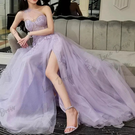 One Shoulder Long Evening Dress Light Purple Flower Formal Ball Party Dress