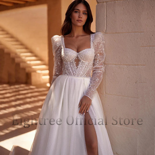 White Bridesmaid Dresses: A-Line Wedding Dresses Long Sleeve Bridal Dress Elegant