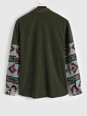 Corduroy Shirt Jacket Geometric Ethnic Print Spliced Long Sleeve Outerwear