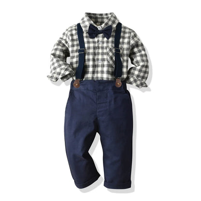 Children's Plaid Shirt and strap pants set for Boys with Bow Tie baby boy clothes 0 to 3Y Autumn Boys Clothes 70-130cm