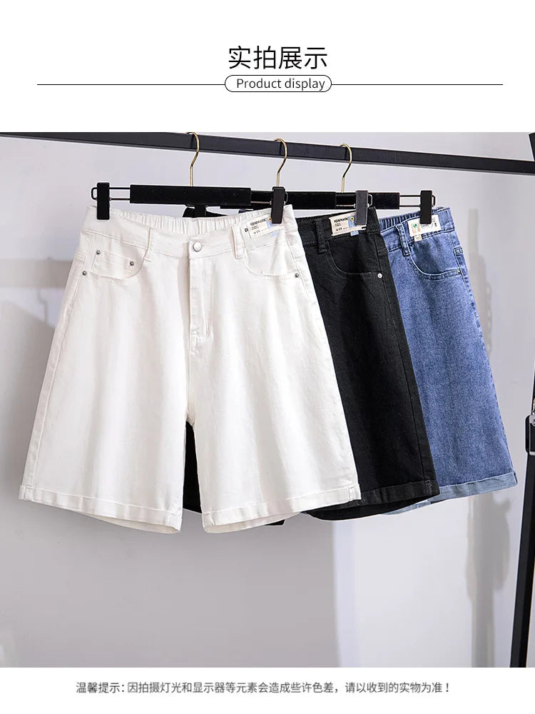 150Kg Plus Size Women's Five-Point Denim Shorts Hip 150 Summer High-Waist Loose Wide Leg Pants Blue Black 5XL 6XL 7XL 8XL 9XL