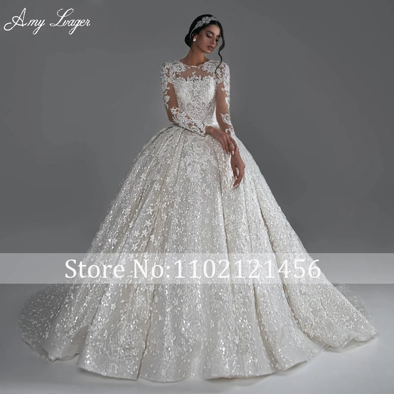 White Bridesmaid Dresses: Classic O-Neck Long Sleeve Ball Gown Wedding Dress