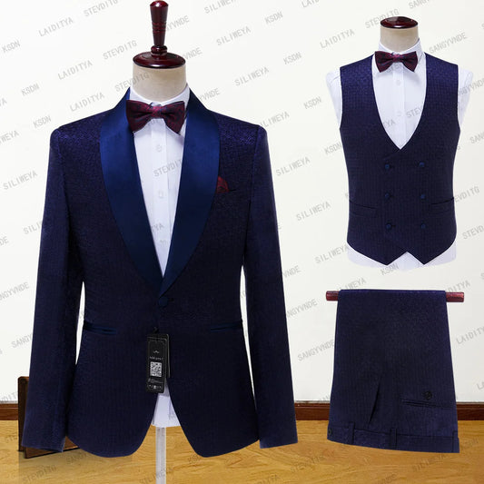 Men Suit Navy Blue Satin Shawl Lapel Suit Male Wedding Groom Slim Fit