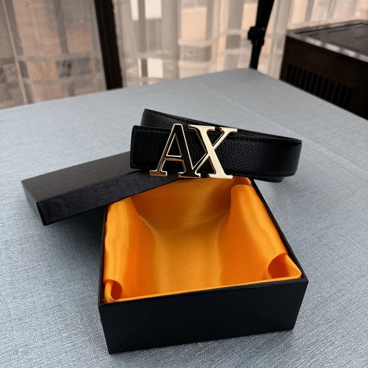 2026 Designer Men's Belt - AX Letter Buckle, 3.8cm Wide, Lychee Pattern, Plain Weave, High-End Fashion, Premium Leather Waistban