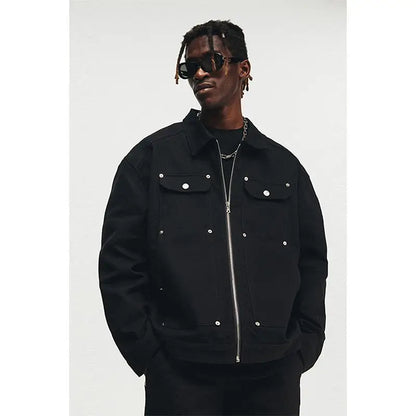 American Style High Street Metal Stud Denim Jacket Men's Brand Retro Hip-hop  Jacket
