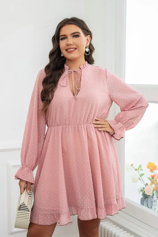 Plus Size V Cut Out Neck Women's Dress Lace-Up Long Ruffle Sleeve Robe Elastic Waist Pink Dot A-Line Mini Elegant Dresses