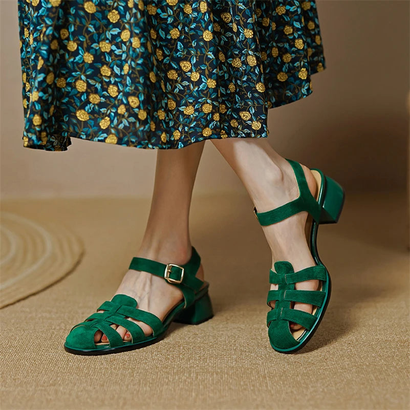 Meotina Shoes Women Genuine Leather Gladiator Sandals Thick Heel Sandals Mid Heels Buckle Kid Suede Ladies Footwear Summer Green