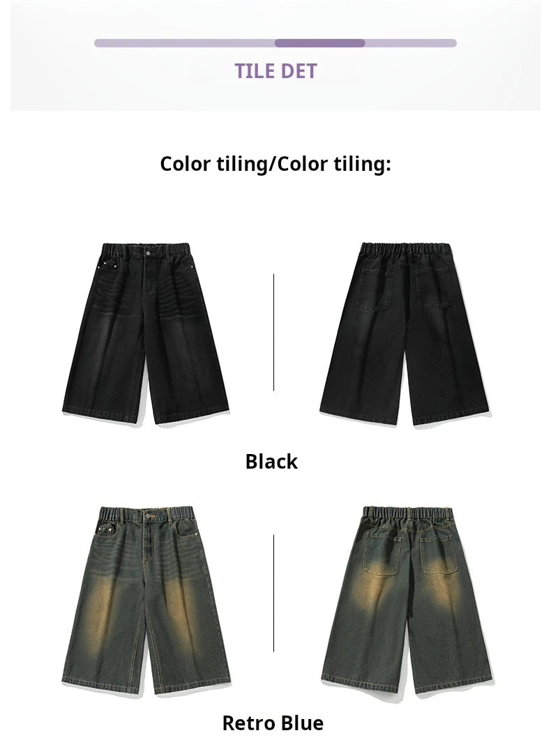 2025 Summer Men's Wide Leg Jeans Shorts Vintage Distressed Wash Y2K Straight Elastic Waist Loose Casual Relaxed Fit