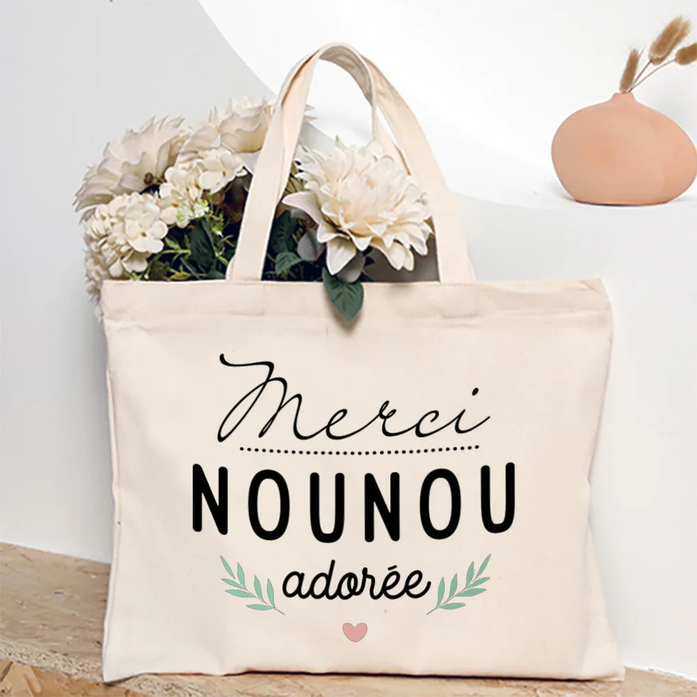 Merci Nounou French Printed Women Shoulder Bag Canvas Tote Bag Female