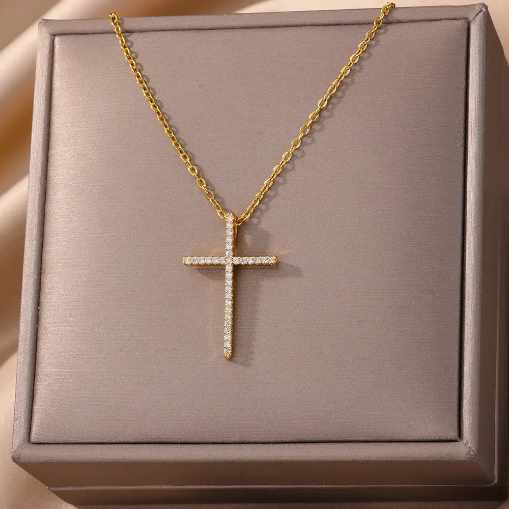 Cross Pendant Necklace for Women Gold Color Stainless Steel Collar Necklaces