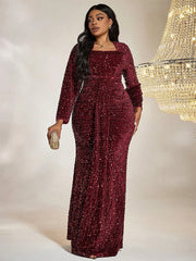 Women Plus Size Maxi Dresses Red Sequin Formal Dress Square Neck