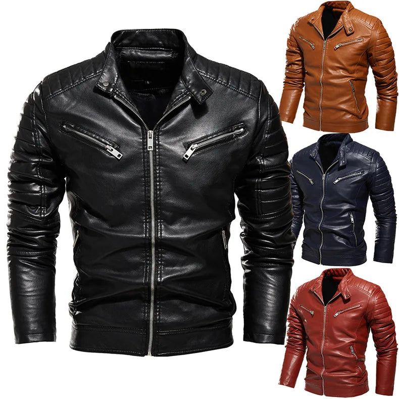Winter Black Leather Jacket Men Fur Lined Warm Motorcycle Jacket Slim Street