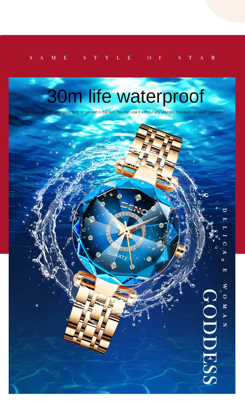 SENO Ocean Star Women Crystal Watch 2025 Top Brand Luxury Rose Gold Women Bracelet Watch For Ladies Wrist Watch Relogio Feminino
