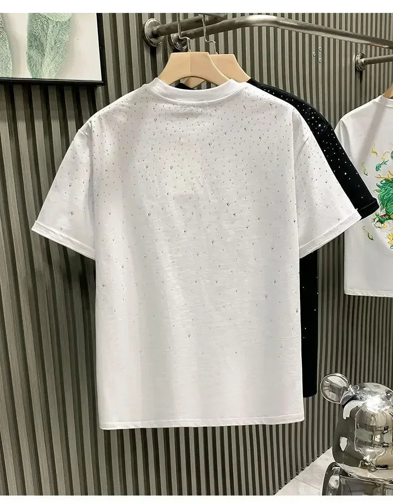 Summer Rhinestone Rivet T-shirt for Men Clothing Round Neck Casual T-shirt Fashion High Street 2025 Men's Summer Short Sleeves