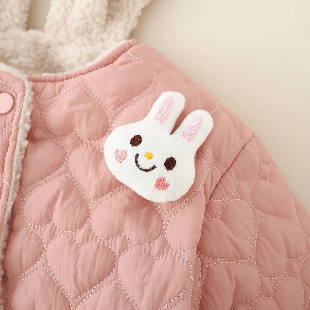 cotton jacket for girls, winter children's clothing cartoon furry rabbit ears, solid color round neck cotton jacket