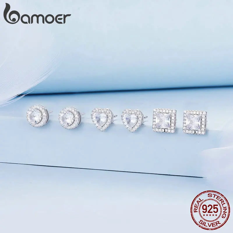 BAMOER Gold Plated Halo CZ Stud Earrings 925 Sterling Silver Hypoallergenic Classic Elegant Heart Earrings Jewellry BSE894