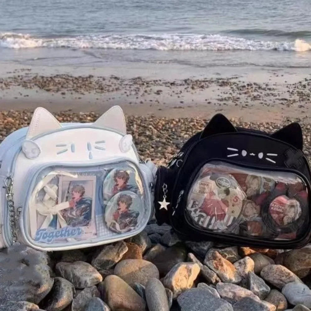 Y2K Korean Kawaii Cat Lolita Bag Cute PU Shoulder Bag Girls Transparent Pocket Harajuku Crossbody Bag Women's Fashion Backpacks