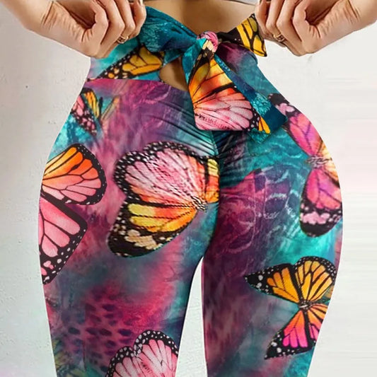 High Waist Bowknot Leggings Butterfly Printed Yoga Pants Bow Bandage Tights