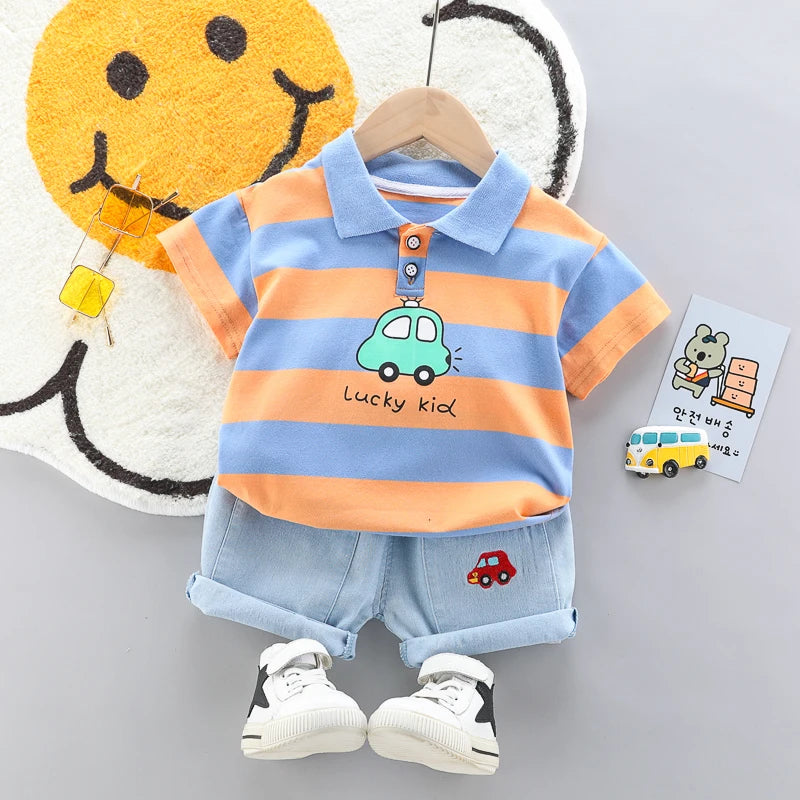 Baby boys Polo Shirt + Handsome Denim Shorts 2-Piece Set kids girls clothes suits summer