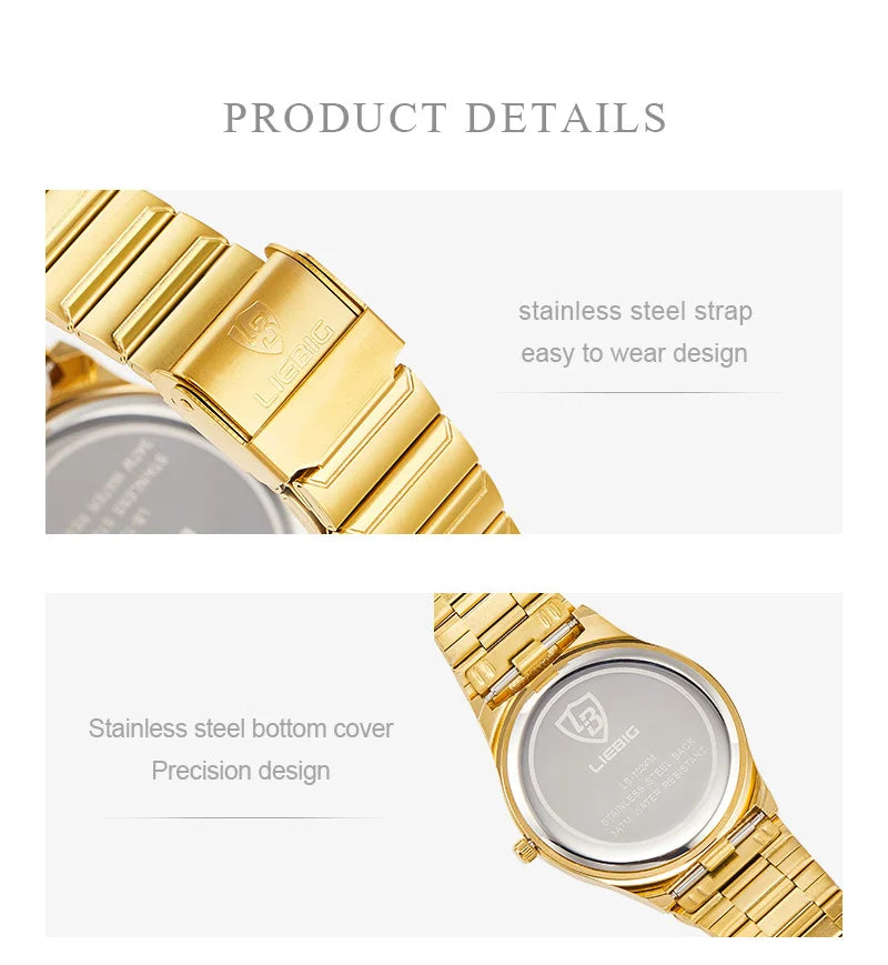 LIEBIG Japan Quart Movement Women Mens Watches Luxury Stainless Steel Female Ladies Golden Wristwatch Clock Relogio Feminino