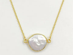 Amazing Elegant White Freshwater Pearl Coin Necklace In 18K Real Gold Plated