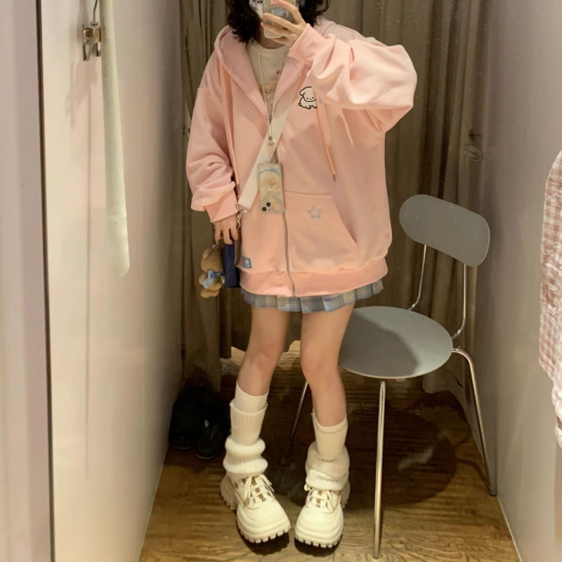 Harajuku Kawaii Pink Zip Up Hoodie Women Japanese Style Cute Cartoon