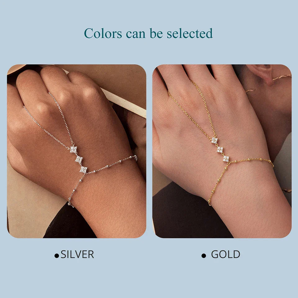 BISAER 925 Sterling Silver Finger Ring Bracelet Hand Chain Trendy Thin Dainty Stackable Chain Plated Gold for Women Fine Jewelry