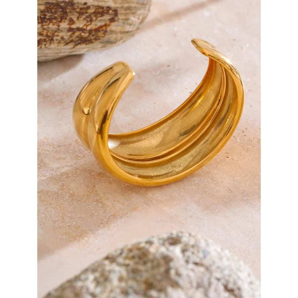 Yhpup 18K Golden PVD Plated Stainless Steel Double Layer Cuff Statement Bracelet Bangle Smooth Metal Texture Attractive Jewelry