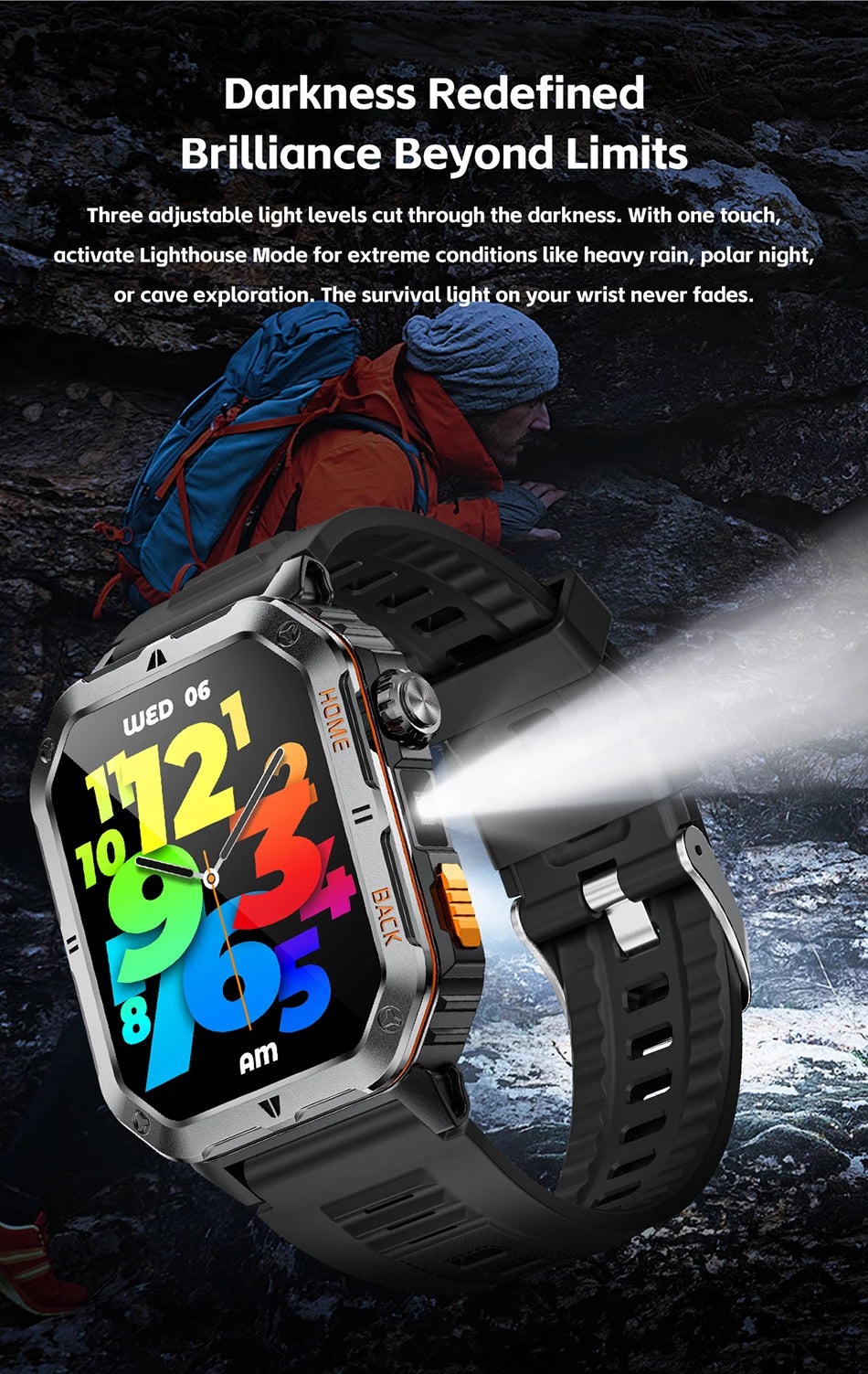 New 1000mAh Battery Outdoor Sports Smart Watch 2.01 inch HD Screen LED Flashlight Bluetooth Talking SmartWatches For Men Women