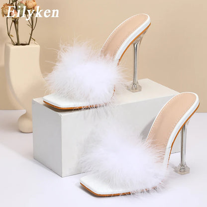 Eilyken 2024 New PVC Shoes Slippers Woman Feather Transparent High Heels Fur Pumps Square toe Mules Lady Slides