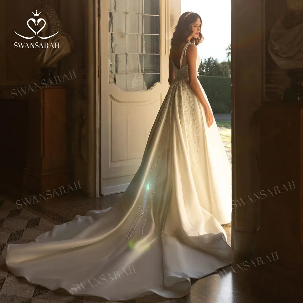 White Bridesmaid Dresses: Wedding Dress Beading Open Back Court Train Princess