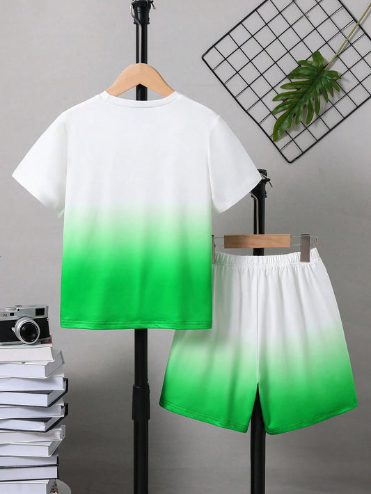 Directional Opening Hot Sales Model for Boys with Gradient Letter Print Green Short-Sleeved Shorts Without Pockets Suit Casual Sports Style