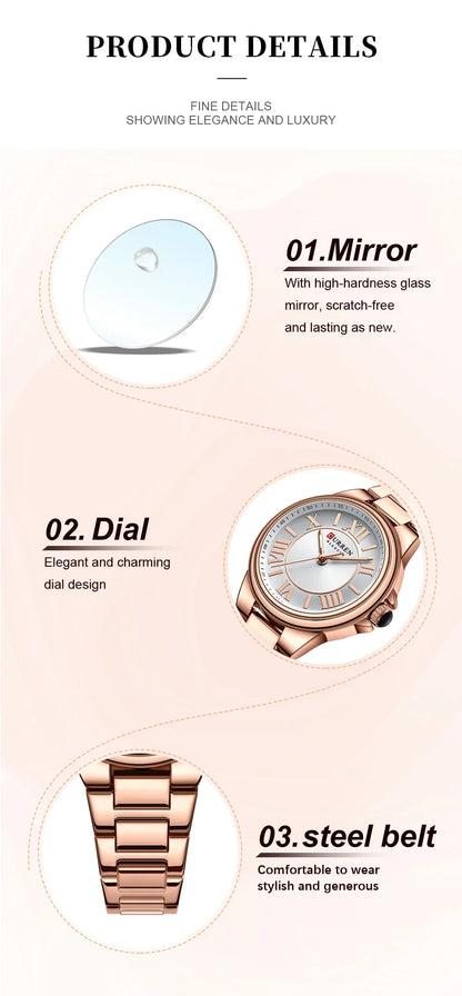 CURREN Romantic Charm Women's Wristwatches Fashion Design Thin Quartz Watch with Luminous Hands Stainless Steel Bracelet