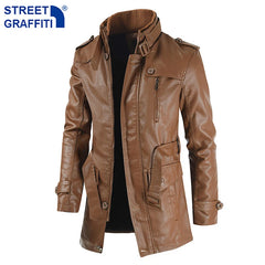 Men Winter Long Thick Fleece PU Leather Jacket Mens Streetwear Casual Business