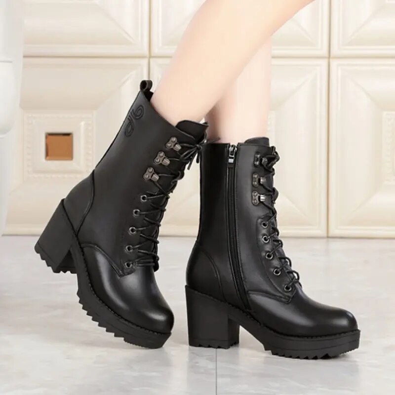 Plus Size Winter Boots for women genuine leather military boots