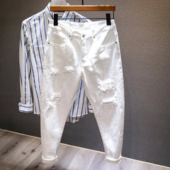 White Jeans Men All-match Fashion Ripped Hole Slim Stretch Harem Pants