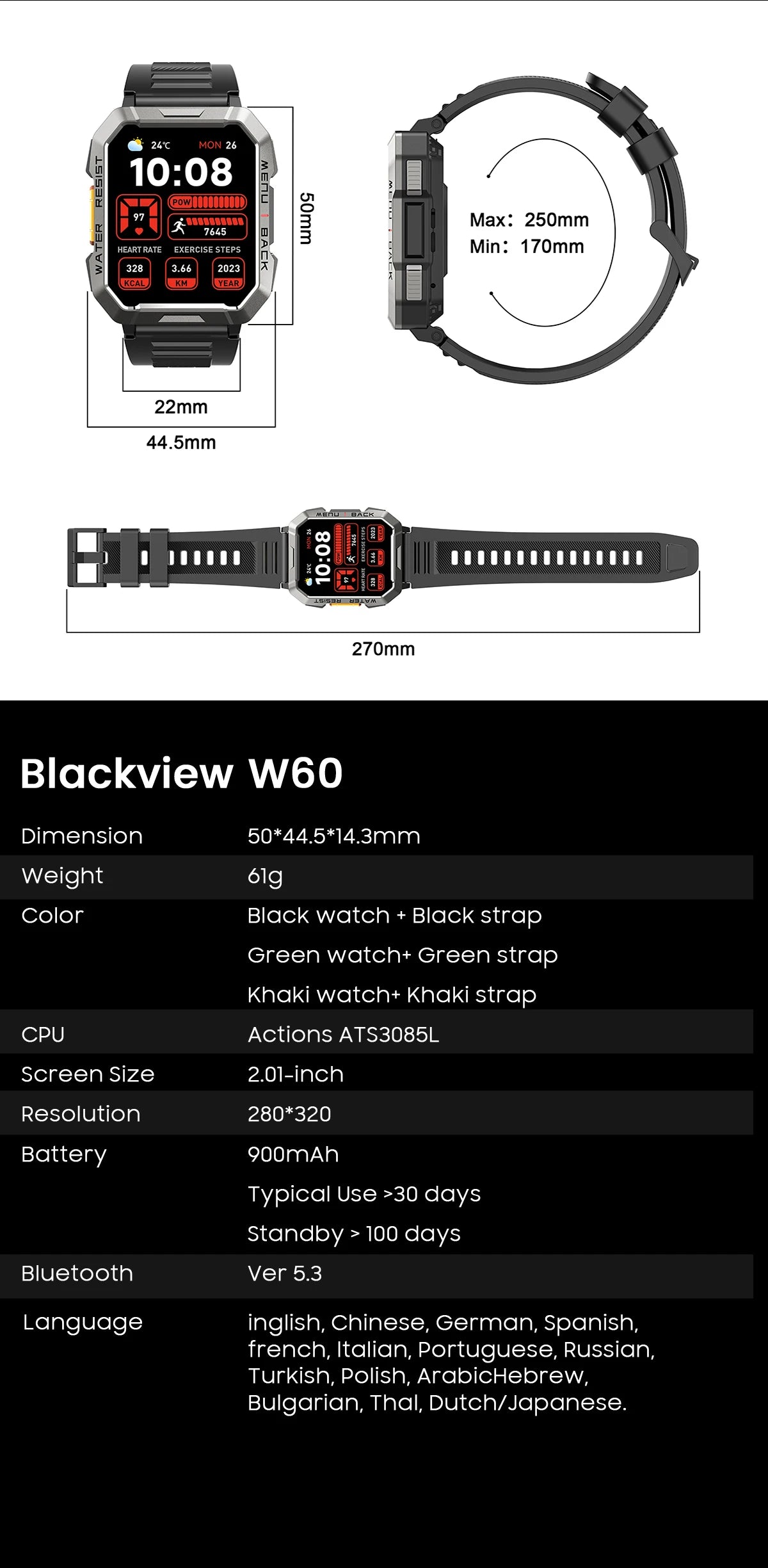 Blackview W60 Smartwatch 2.01'' HD Display TFT Rugged Smart Watch for Outdoor With Emergency Lighting Bluetooth Calling