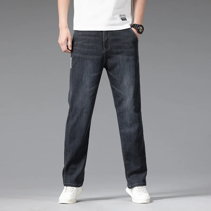 Baggy Jeans Blue Gray Elastic Waist Business Casual Straight Denim Trousers