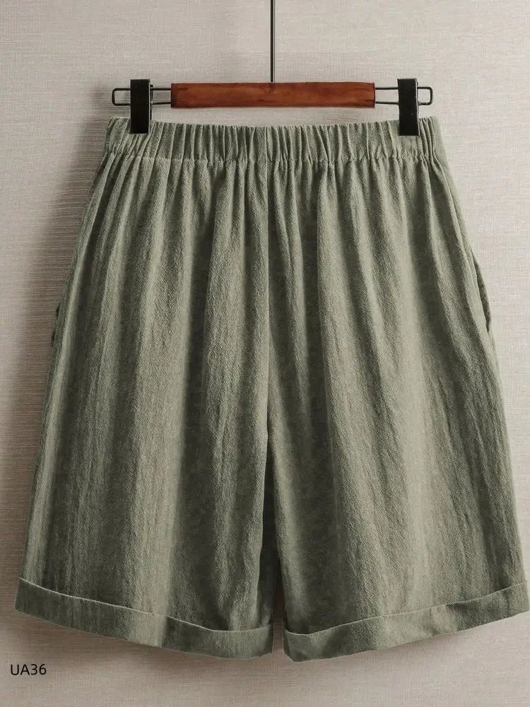 Women's High Waist Cotton Linen Blend Shorts  Elastic Waist with Pockets Summer Casual Loose Wide Leg Rolled Hem Female Pants