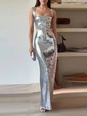 Evening wear Dresses: Backless Silvery Maxi Dress For Women Fashion High Waist