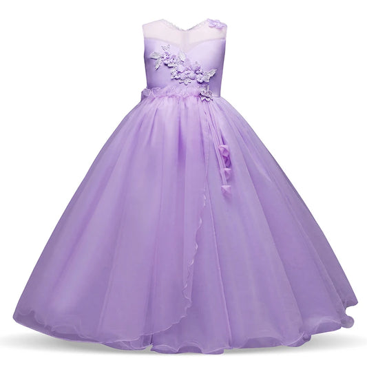 Girls Sleeveless Crew Neck Long Dress Flower Mesh Princess Skirt Piano Performance Dress For girls aged 4-14