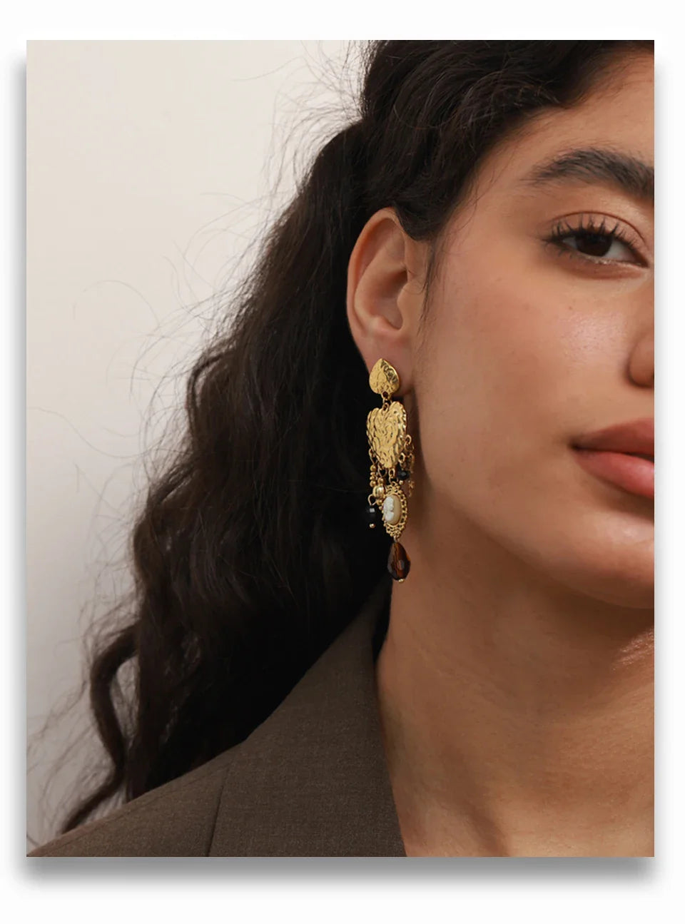 Yhpup Vintage Stainless Steel Heart Cross Key Charm Pendant Drop Earrings Golden Plated Crystal Resin Stone Waterproof Jewelry