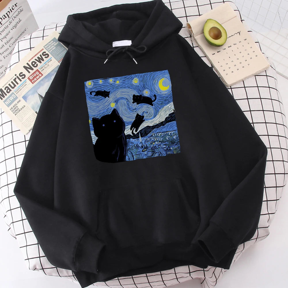 The Starry Cat Night Printing Hoodies Men Autumn Oversize Hoodie Fashion Fleece
