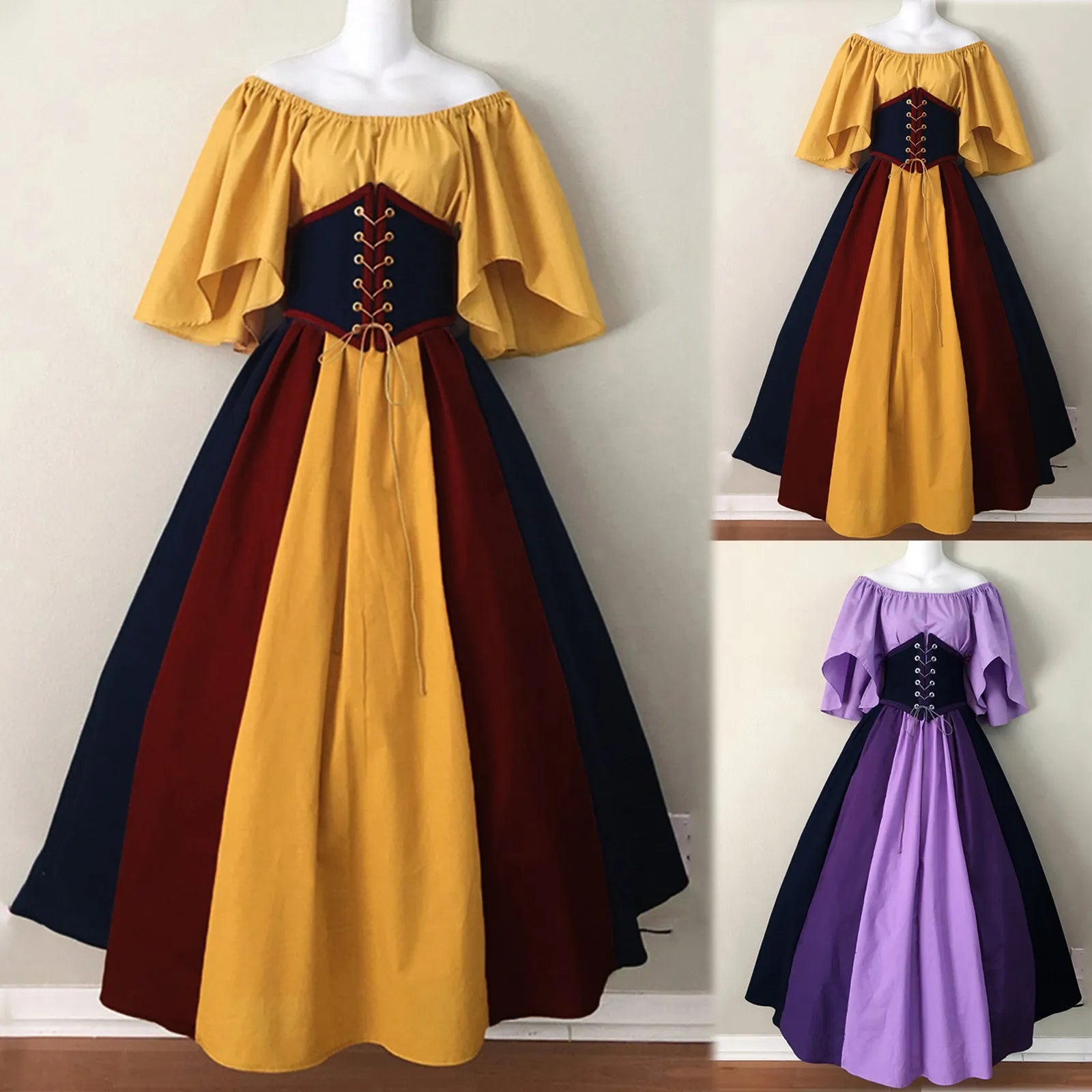 Plus Size Dresses for Women Vintage Patchwork Medieval Party Dress Gothic Cosplay Bandage Sexy Slash Neck Long Dress  Femme