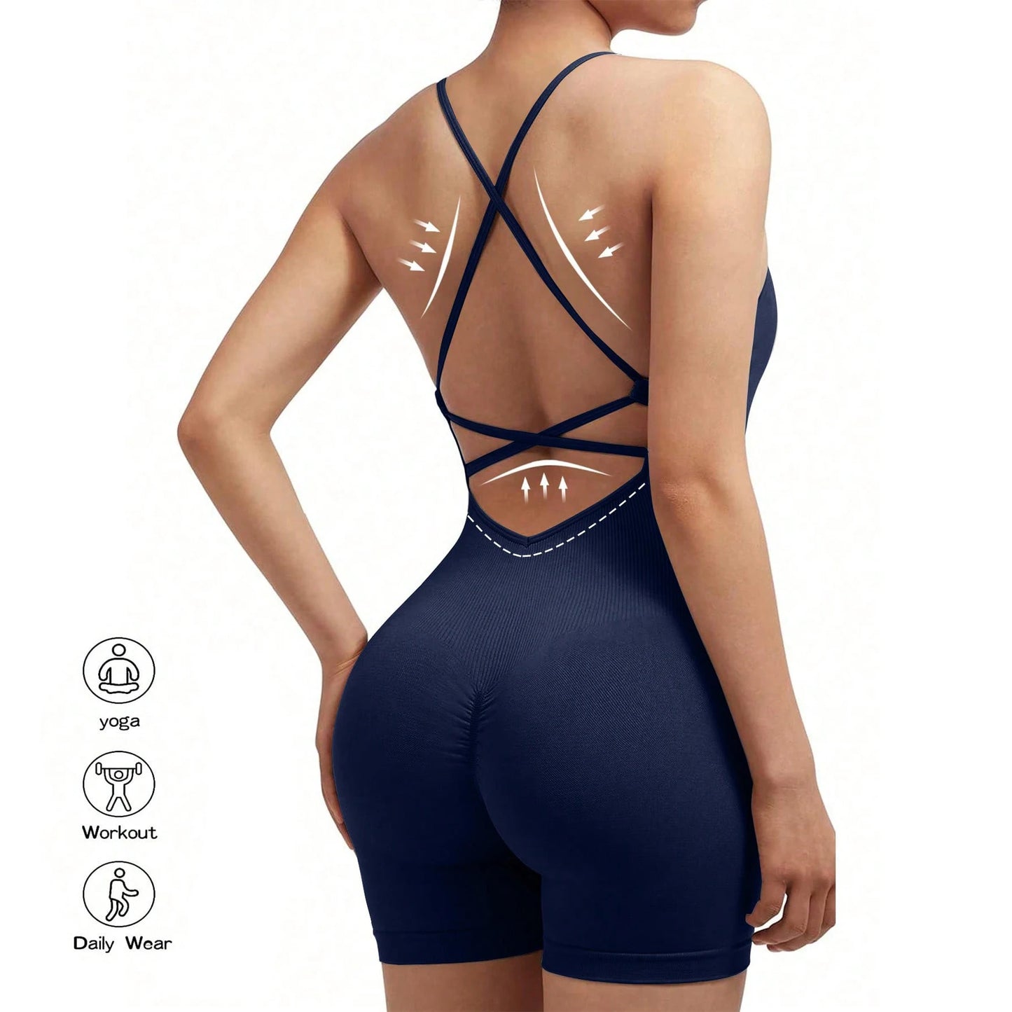 Yoga Criss Cross Backless Cami Sports Romper,Women's Jumpsuits Ribbed One Piece