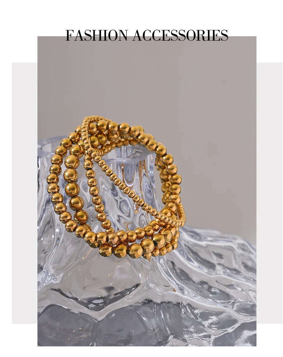 Yhpup 3/4/5/6 MM Stainless Steel Beads Daily Handmade Elastic Bracelet Bangle Waterproof Wrist Wholesale Gold Color Jewelry Men