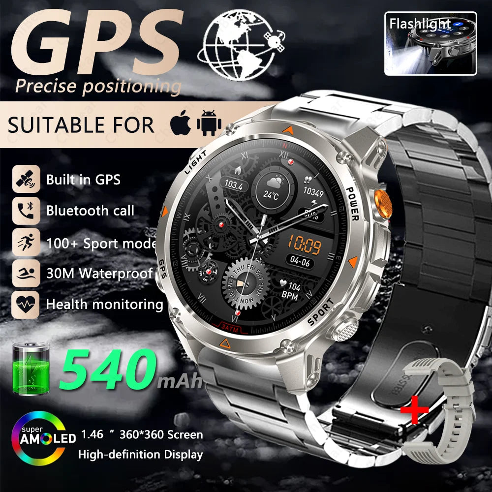 Outdoor Military Smart Watch Men Built-in GPS 1.46" AMOLED Compass