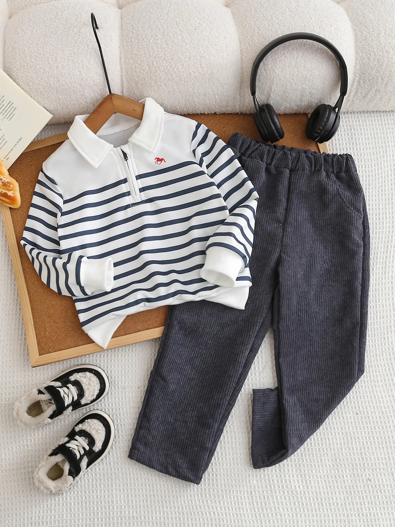 A Classic And Fashionable Two-Piece Set For Boys In Autumn And Winter, Featuring A Lapel Striped Top And Corduroy Trousers
