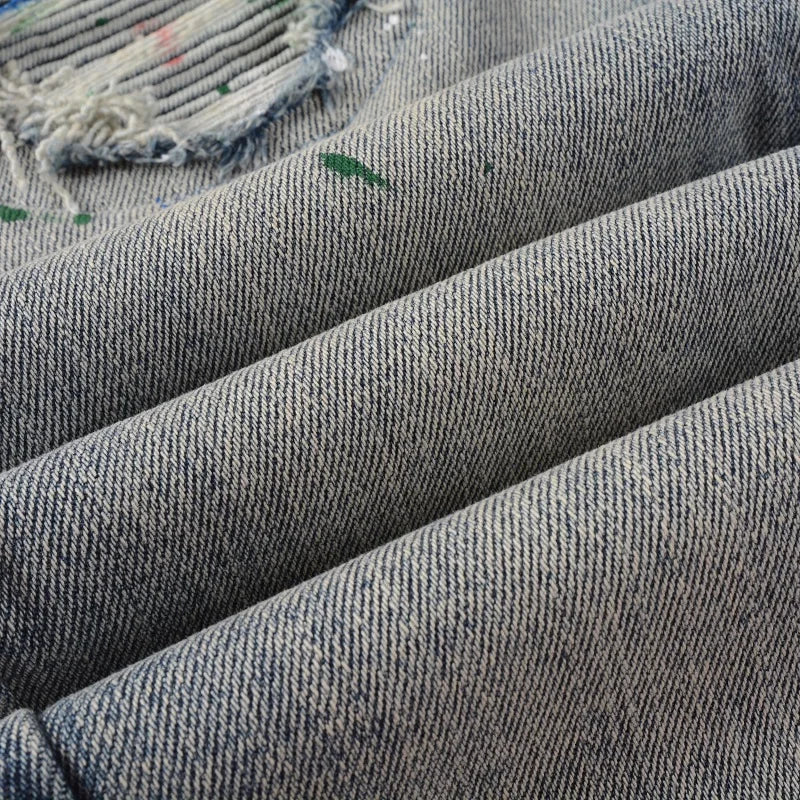Men Painted Stretch Denim Biker Jeans Streetwear Cracked Patch Patchwork